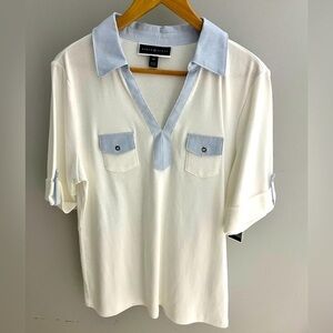 Women’s short cuffed sleeve collar shirt. Size OX Soft stretchy sides.